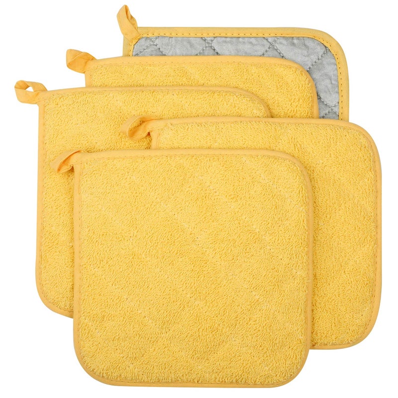 lifaith 100% Cotton Kitchen Everyday Basic Terry Pot Holder Heat Resistant Coaster Potholder for Cooking and Baking Set of 5 Yellow - Image 1
